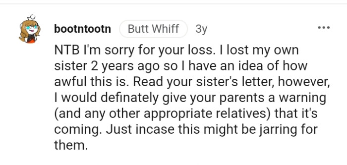 This Redditor advises the OP to give her parents a heads up that something like that will happen