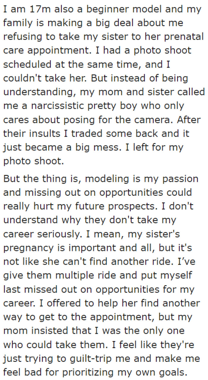 But his pregnant sister wants him to cancel his plans and take her to her prenatal checkup instead.
