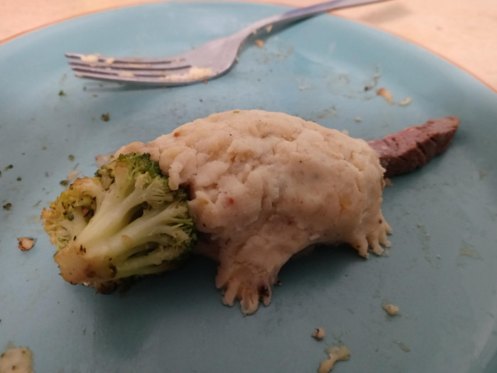 23. “I noticed a piece of broccoli on my plate that I thought looked like an opossum face, so I used it to make a little food opossum”
