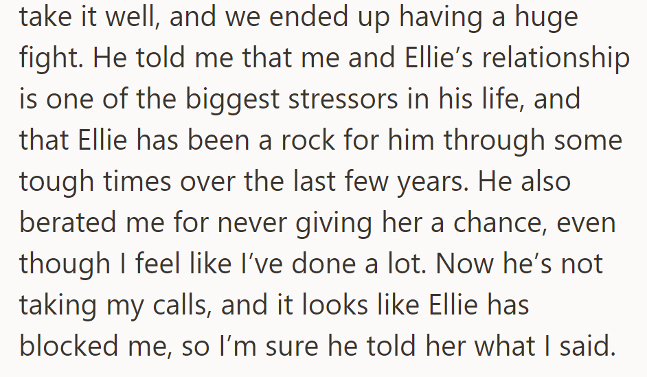 Peter reacted poorly to OP's concerns, leading to a fight. Now, he's not answering calls, and it seems Ellie has blocked her.