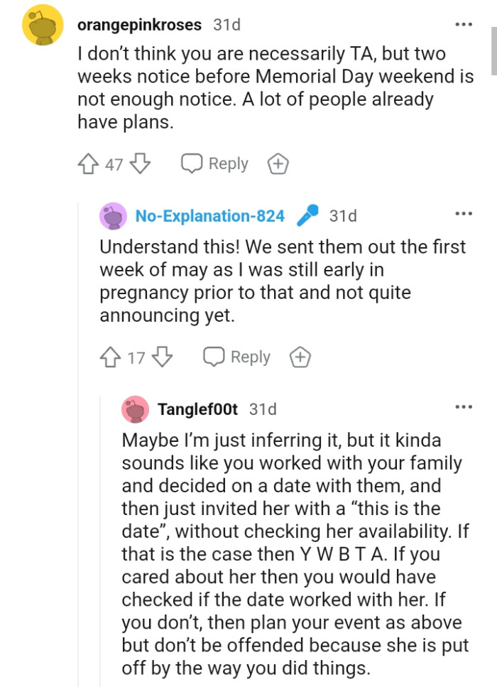 The OP was still early in pregnancy prior to the invitations being sent out