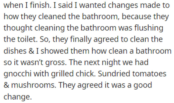 OP got them to change the rules so that the cook doesn't do the dishes