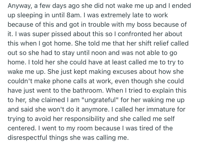 OP is Upset with Her Roommate, Gwen, for Not Waking Her Up for Work