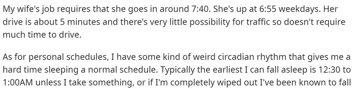OP really goes into detail about the schedule of each of them just to prove his point on why he's even asking her to take on more responsibility.