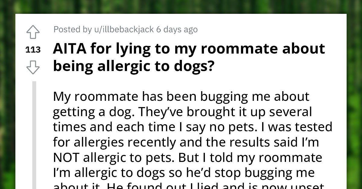 Redditor Gets Labelled The AH For Lying To His Roommate About Being Allergic To Dogs