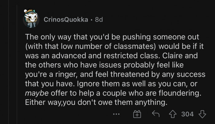 The classmates are threatened by OP's success.