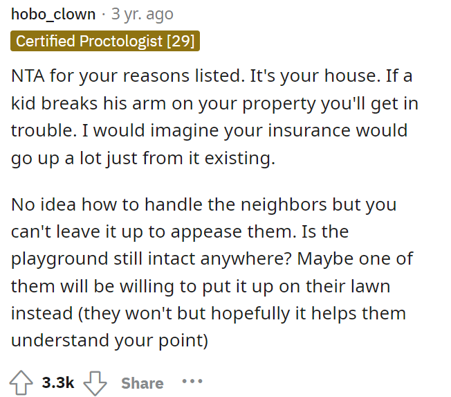 This is a huge liability to have, and it most definitely is reason enough to want to remove the playground.