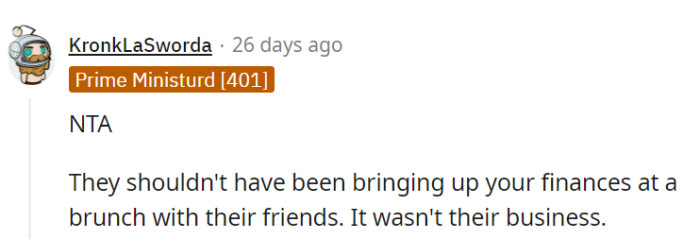 It wasn't their business to bring up OP's finances during a brunch with their friends.