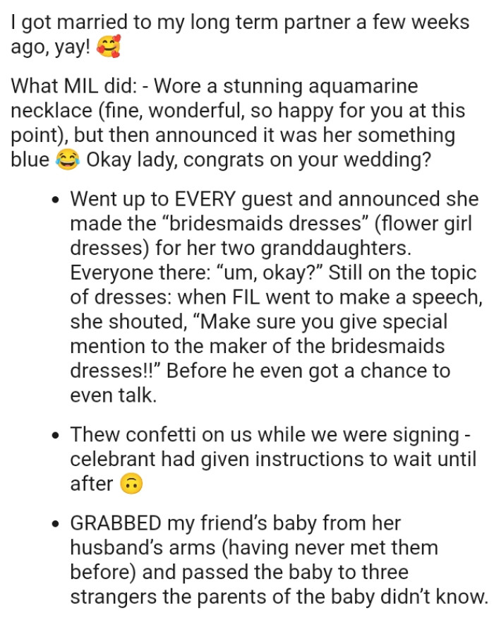 OP's MIL walked up to every guest and announced that she was the one who made the bridesmaids' dresses
