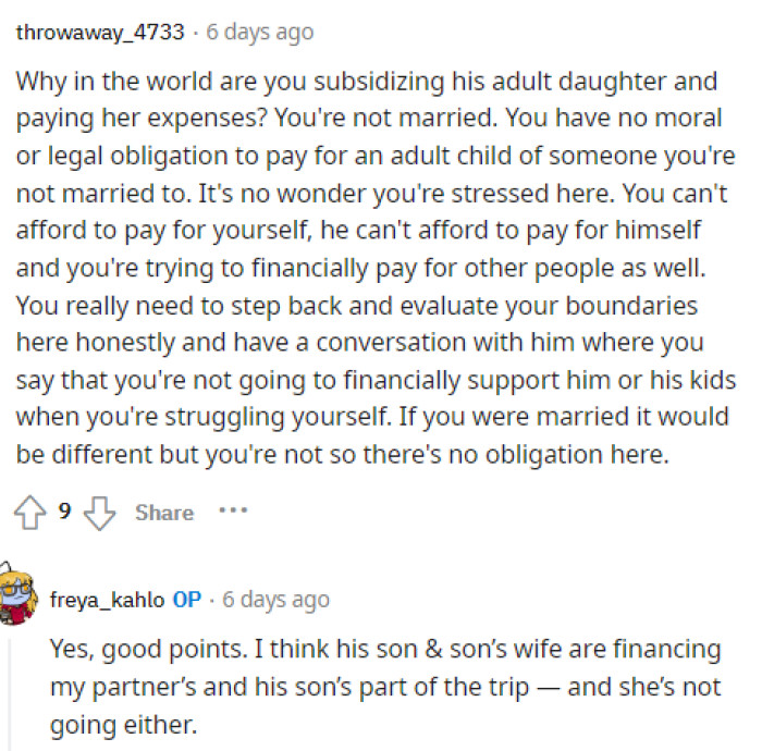 Some people are telling OP that she's being too generous and needs to stop paying for things for his adult kids.
