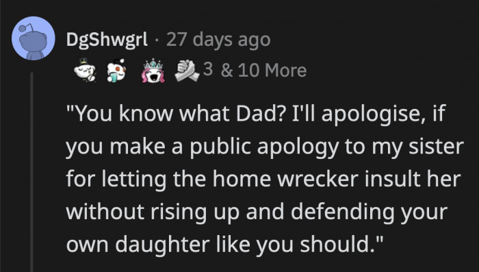 If anything, their dad needs to apologize to OP and to Jasmine for letting Sasha insult Jasmine that way