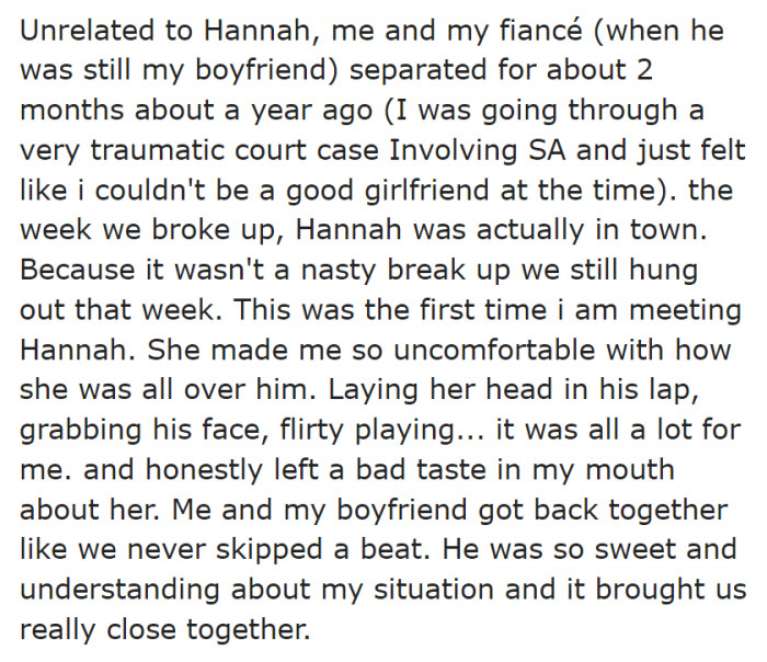 When the OP met this woman, she saw her getting too flirty with her fiancé (who was her ex at the time).