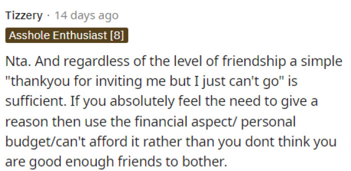 OP is probably just overthinking the situation because she could simply say she can't go and not provide any explanation.