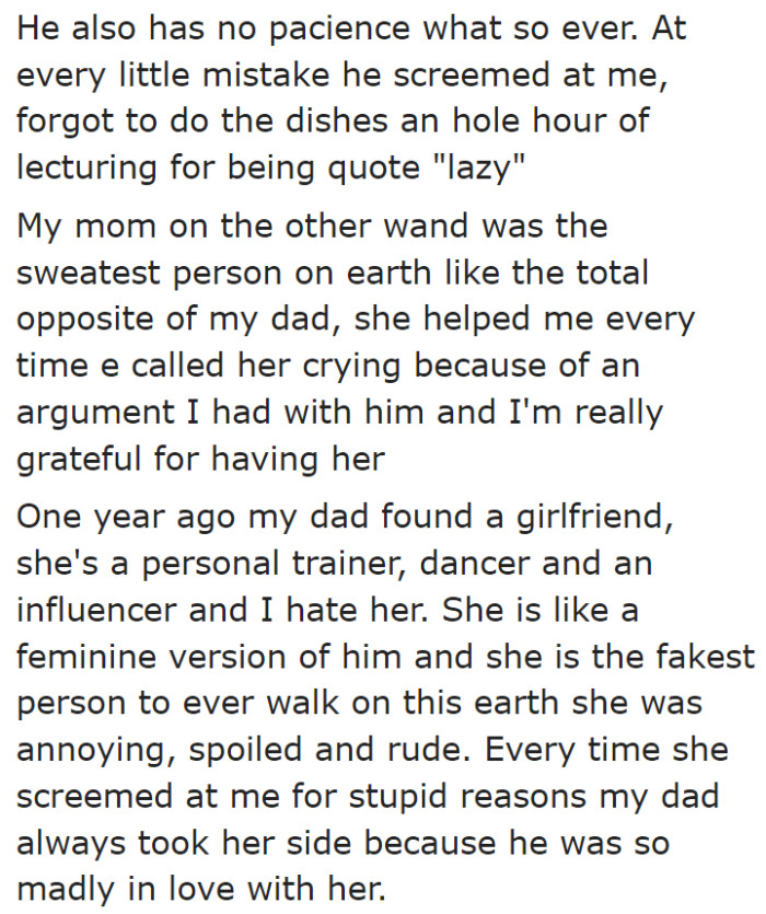 The OP's mom was nothing like her dad.