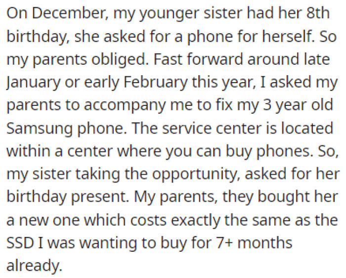 OP's Parents Bought Their Sister a Phone That Cost the Same Amount They Owe Them
