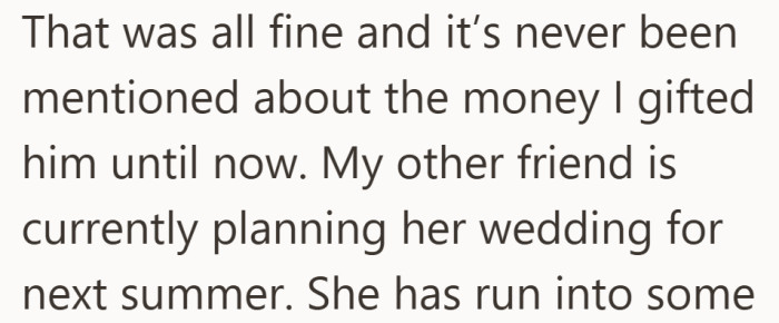 The gift stayed private and settled, until another situation brought money back into the conversation.
