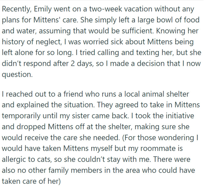 The situation escalated when Emily took a two-week vacation, leaving Mittens with just a bowl of food and water.