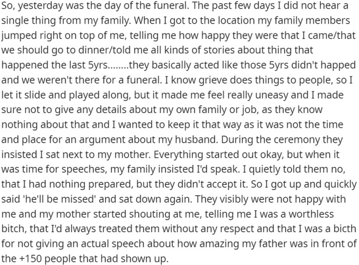 During the ceremony, OP's family pressured her to give a speech