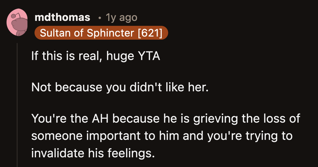 The ex-wife's grieving husband is right; OP is a ghoul.