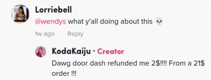 We get an update here when she returns to say that DoorDash only refunded her $2.