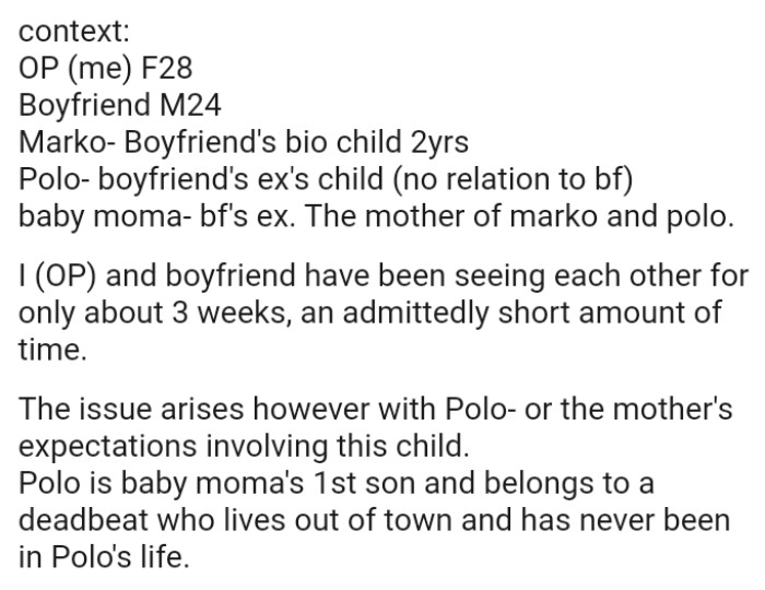 It all started with the baby mama's expectations from the OP's boyfriend