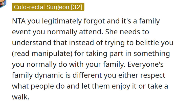 The OP is not in the wrong; it's an event he always attends.