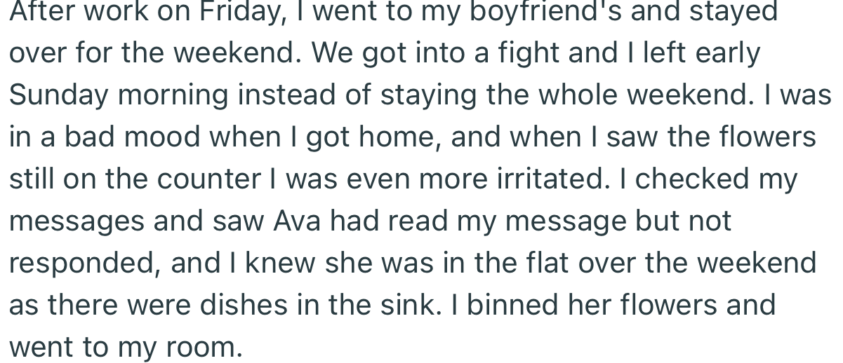 OP Came Back Pissed After Having a Fight with Her Boyfriend. Worst of All, Ava Had Still Not Moved the Flowers After Asking Her Twice. At This Point, She Binned Them.