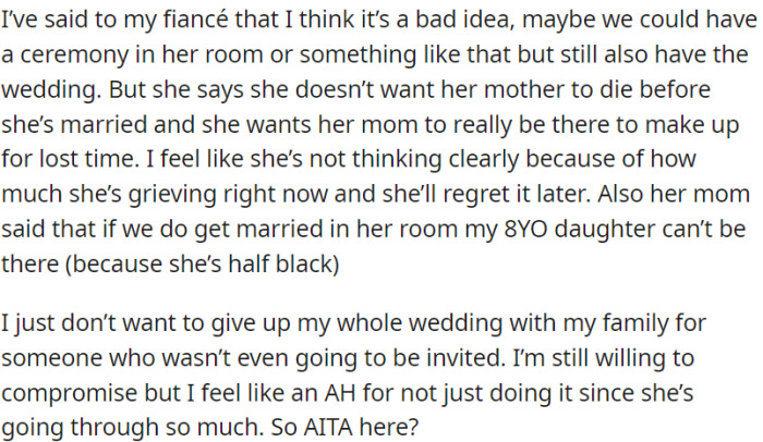OP feels concerned about wedding plans; he is being torn between compromise and his family's inclusion