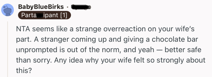 “A stranger coming up and giving a chocolate bar unprompted is out of the norm.”