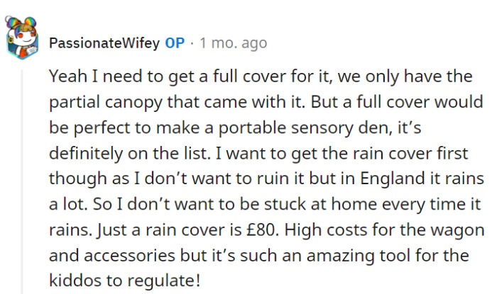 Getting a full cover for the wagon to create a portable sensory space is a fantastic plan, but that £80 rain cover is a must in rainy England to keep the adventures going. It's a worthwhile investment for the kiddos' sensory regulation.