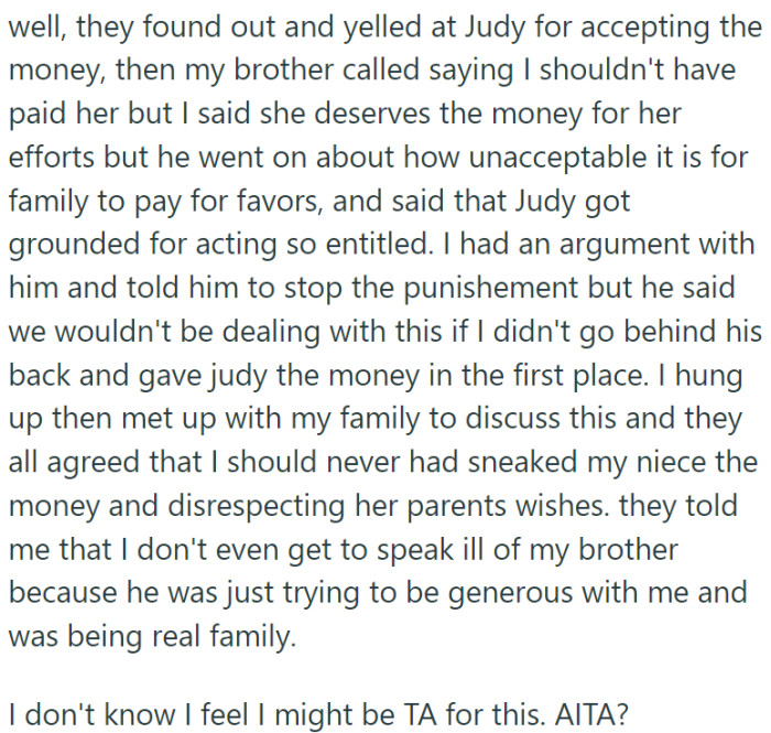 Despite Judy's parents insisting that she bake for free as a family favor, OP gave Judy the money privately. And all hell broke loose.