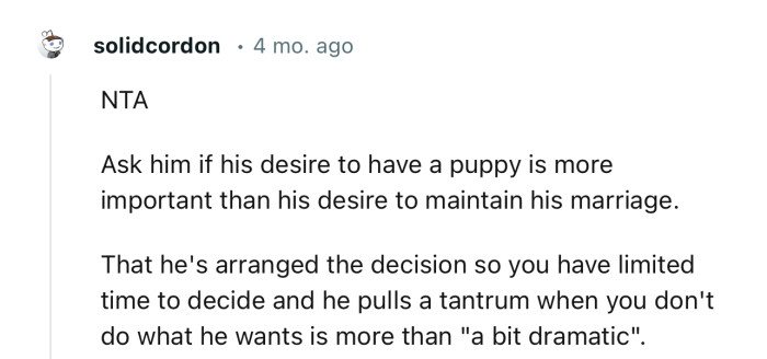 “Ask him if his desire to have a puppy is more important than his desire to maintain his marriage.”