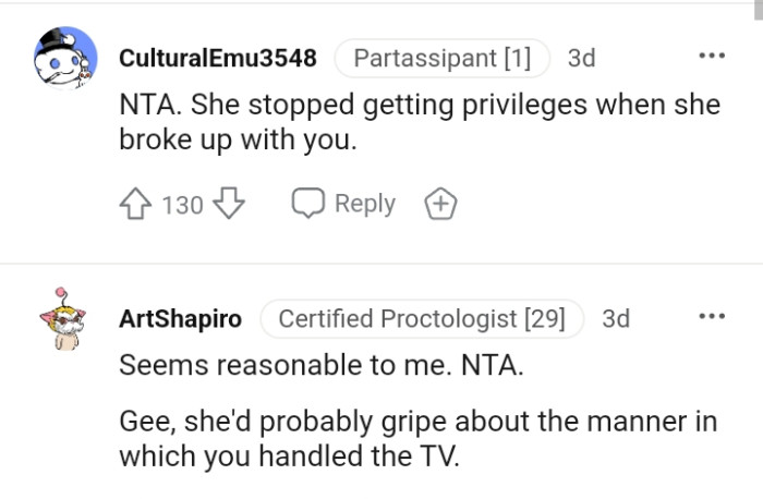 OP's ex stopped getting privileges when she broke up with him