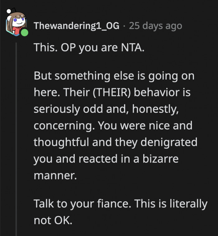 None of their reactions were remotely okay. Even when you get a bad gift, you don't react that way.