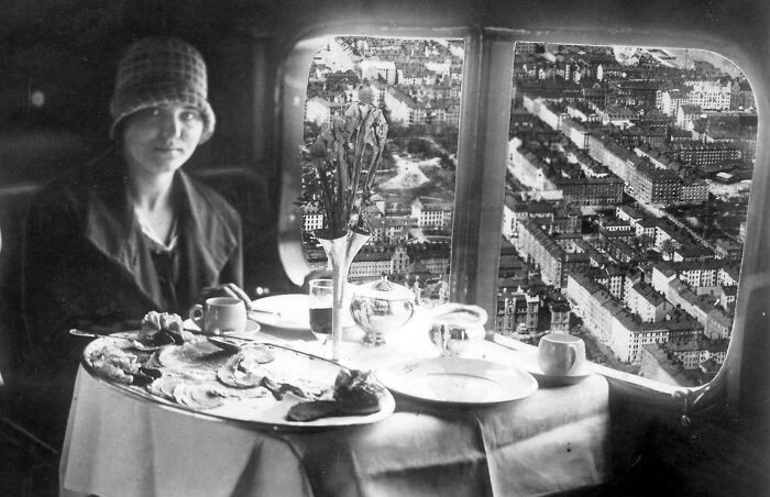 "Lady Having Breakfast In Flight Aboard A Deutsche Lufthansa Plane, 1928"