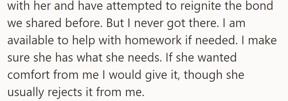 She tries to bond with Ada, helps with homework, and ensures her needs are met, but Ada often rejects her comfort.