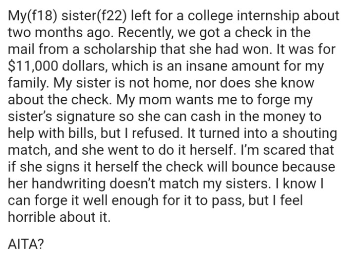 OP's mom wants her to forge the sister’s signature so she can cash in the money