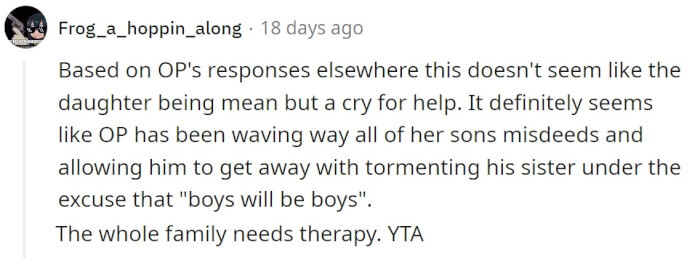 Again, they're suggesting that the whole family needs therapy. I feel like this wouldn't be a bad idea, but I'd at least investigate the daughter.