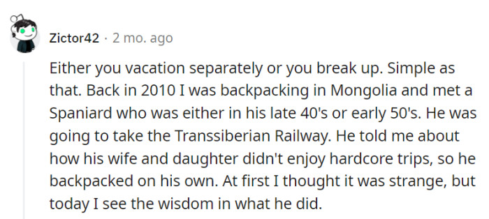 It's a fork in the vacation road: solo journeys or a relationship crossroads.