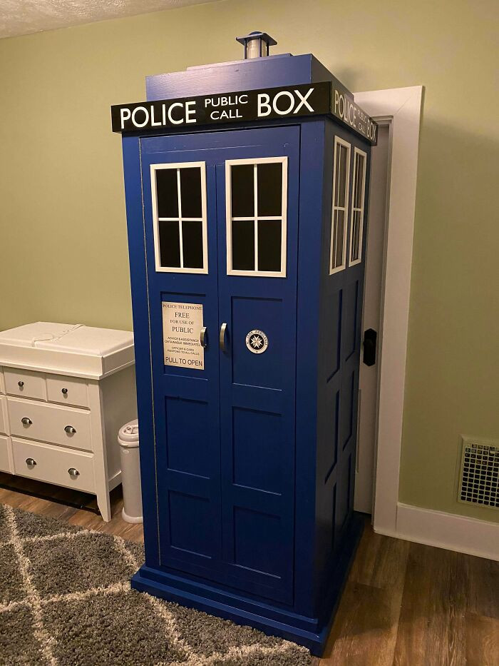 "My Wife Is Pregnant With Our First. My Dad Made Us A Tardis Wardrobe For The Nursery, And It’s Amazing. The Light On Top Flashes. And Yes - It’s Bigger On The Inside"