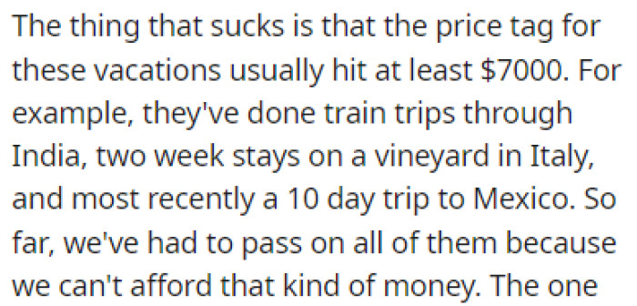 The family vacations are usually too expensive for OP