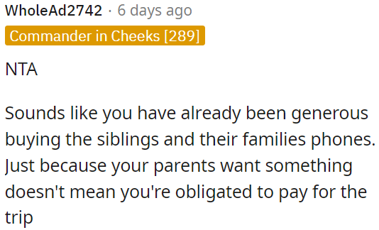 OP is not obligated to pay for the trip just because their parents want it.