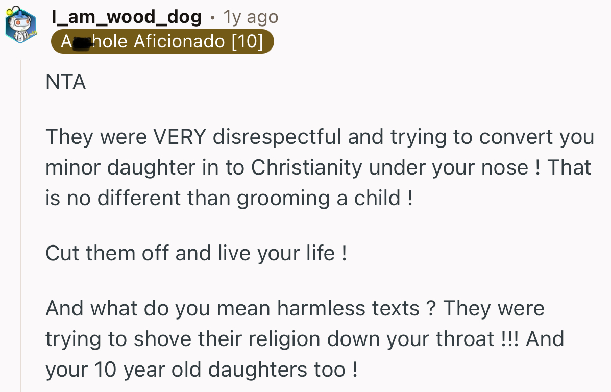 “NTA. They Were Trying to Shove Their Religion Down Your Throat.”