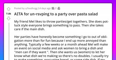 Redditor Backs Out Of A Friendly Get-Together Over Pasta Salad, Gets Called Immature