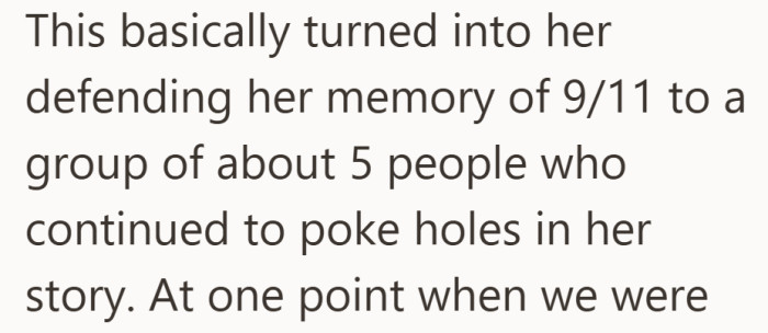The moment shifts from casual sharing to her trying to hold the story together.