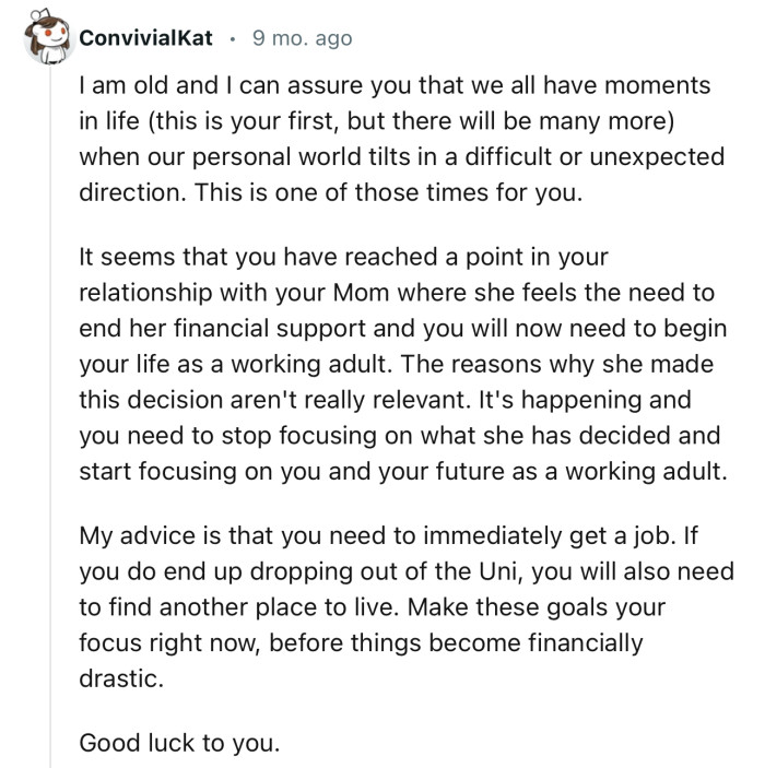 “My advice is that you need to immediately get a job.”