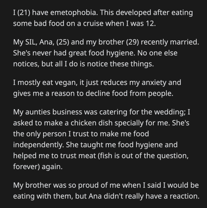 OP's aunt went to the venue to drop off OP's special dish for Ana's mom to store in the fridge.