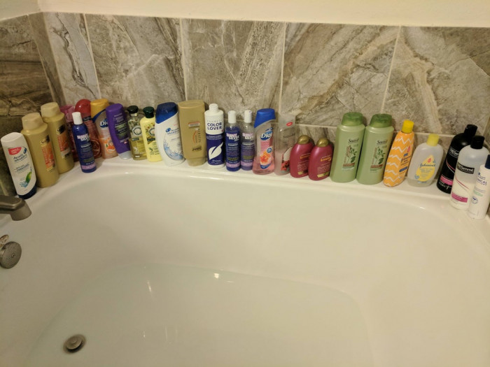 47. My wife never finishes a bottle of shampoo or body wash before buying a new kind and leaving the old ones.
