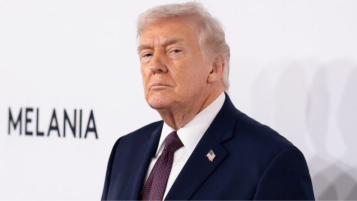 Split-screen political meme controversy headlines referencing Truth Social offensive video