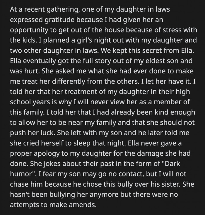 OP didn't hold back and told Ella exactly why she's treating her differently